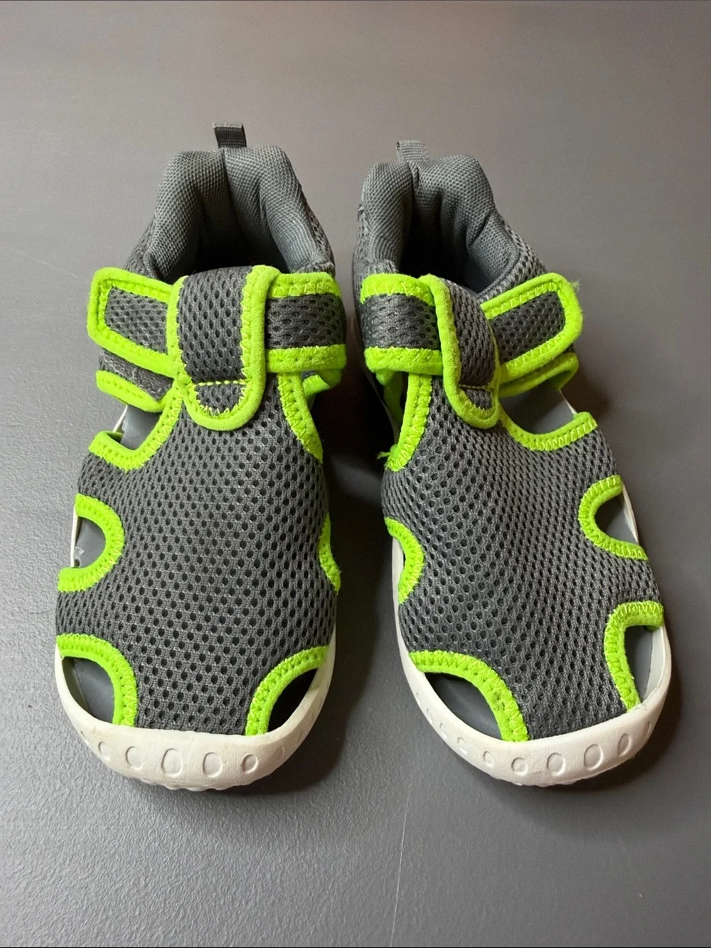 Kids Gray & Neon Green Active Sandals - Velcro Strap. Size: 12